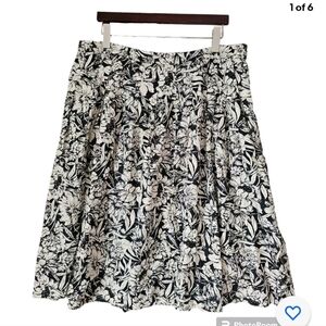 Style & Co Linen Black Ivory Floral‎ Novelty Print Pleated A Line Skirt Size 14